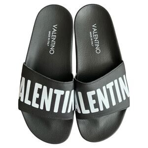 Valentino Black Gaia Leather Slide Sandals, IT43/US10